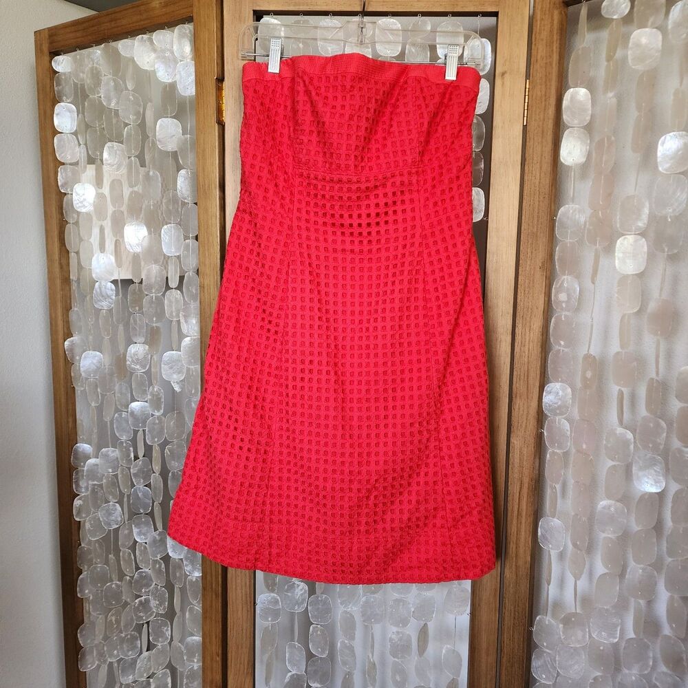 White House Black Market Strapless Dress Womens 8 Red Eyelet A Line Fit Flare